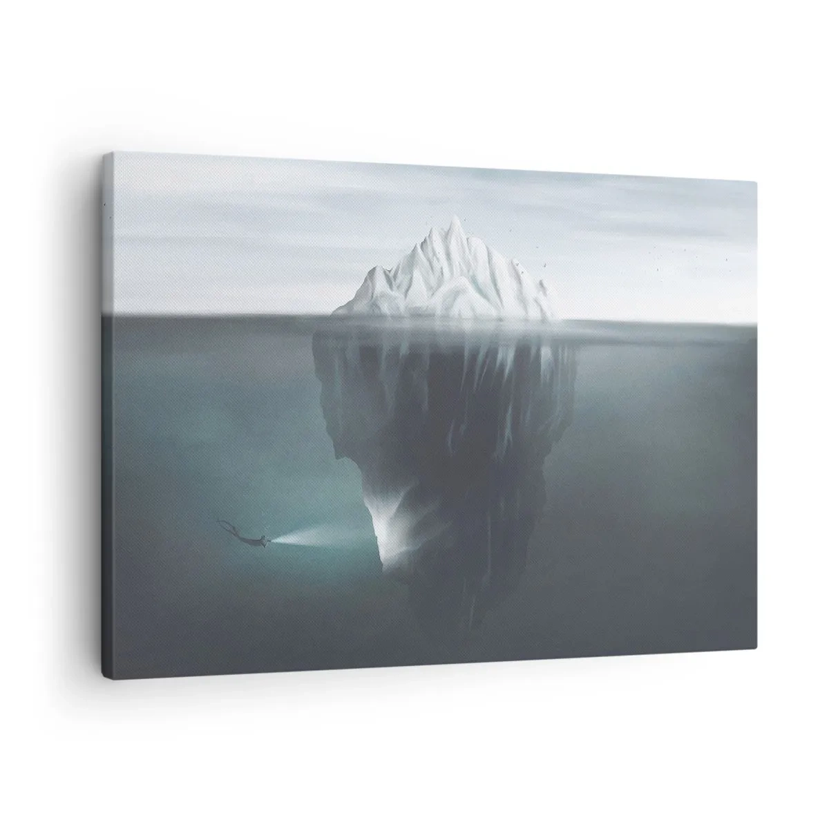 Obraz na plátně - Ledovec ve vodě s potápěčem a reflektorem pod hladinou. - 70x50cm - Podvodní tajemství - Moderní nástěnná dekorace do obývacího pokoje a ložnice ARTTOR