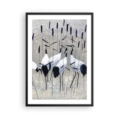 Plakát v černém rámu - Ladnost jeřábů v decentní krajině trávy a vody - 50x70cm - Mezi svými - Moderní nástěnná dekorace do obývacího pokoje a ložnice ARTTOR