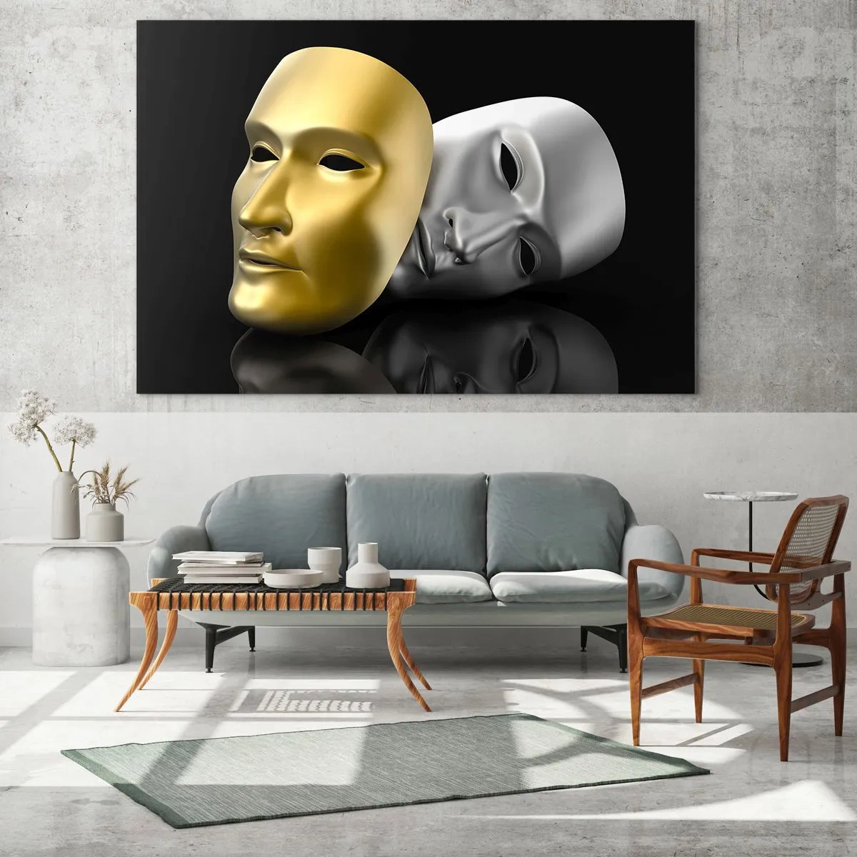 Obraz na skle - Zlatá a stříbrná maska na černém pozadí - 70x50cm - Život je divadlo - Moderní nástěnná dekorace do obývacího pokoje a ložnice ARTTOR