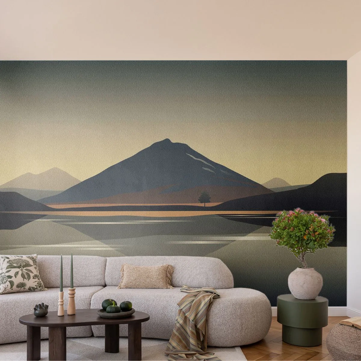 Fototapeta Standard Eco - Minimalistická horská krajina s odrazem ve vodě - 100x70cm - Zrcadlový odraz - Moderní nástěnná dekorace do obývacího pokoje a ložnice ARTTOR