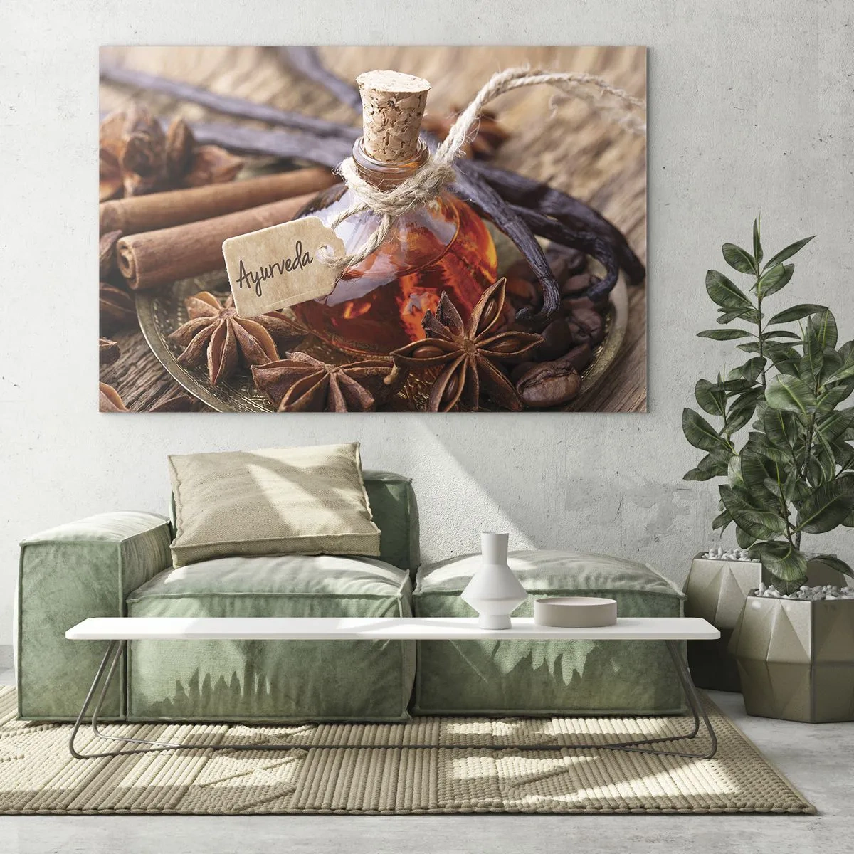 Obraz na skle - Láhev na olej a koření v ájurvédském stylu - 70x50cm - K jednotě těla a ducha - Moderní nástěnná dekorace do obývacího pokoje a ložnice ARTTOR