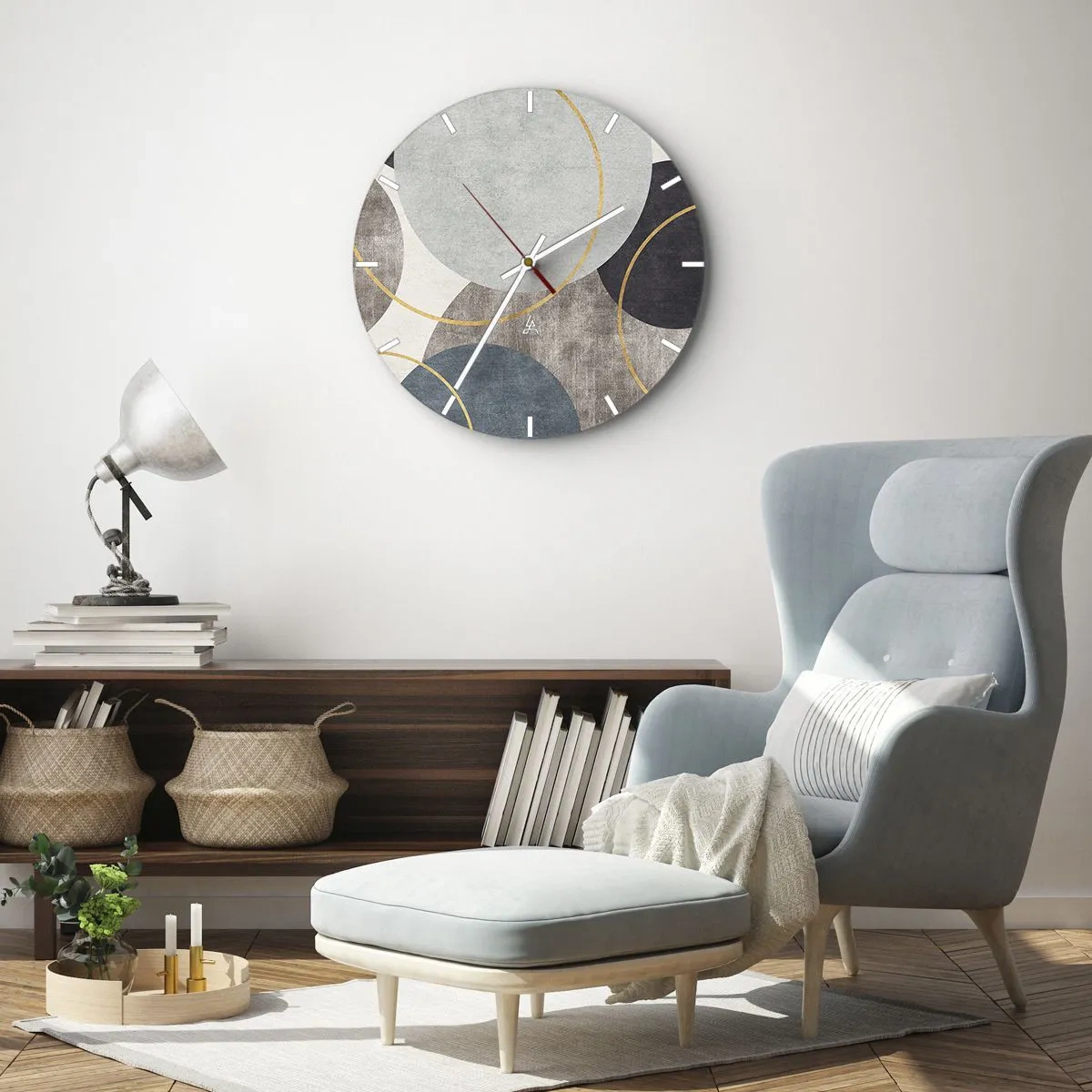 Nástěnné hodiny - Stylová kompozice kruhů a oblouků v tlumených barvách. - 30x30cm - Kruh za kruhem - Moderní nástěnná dekorace do obývacího pokoje, kuchyně a ložnice ARTTOR