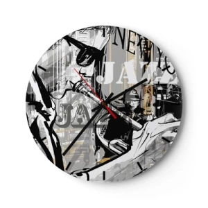 Nástěnné hodiny - Stylové jazzové téma s hudebníkem na pozadí městské scenérie. - 30x30cm - V rytmu New Yorku - Moderní nástěnná dekorace do obývacího pokoje, kuchyně a ložnice ARTTOR
