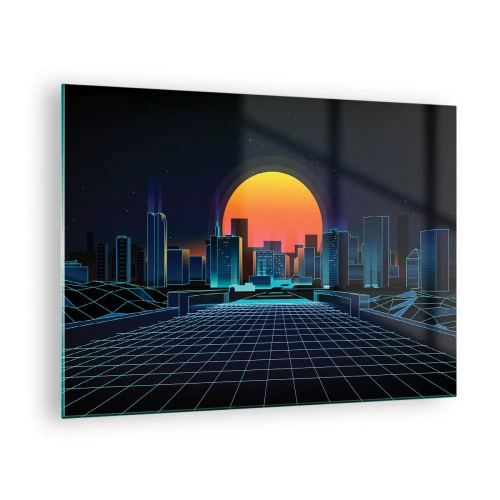 Obraz na skle - Futuristické panorama města se západem slunce - 70x50cm - Pořád chcete do reálu? - Moderní nástěnná dekorace do obývacího pokoje a ložnice ARTTOR