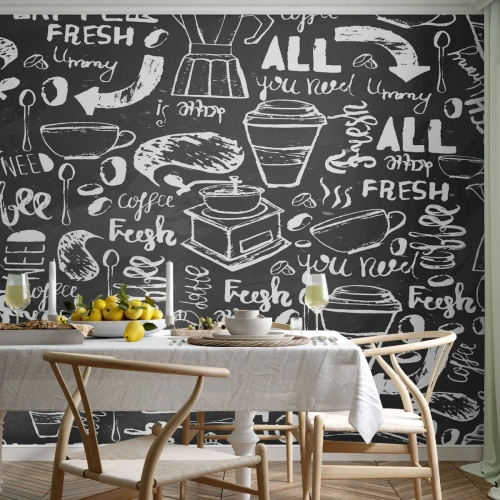 Fototapeta Standard Eco - Černobílý vzor kávy s nápisem - 100x70cm - All you need is… - Moderní nástěnná dekorace do obývacího pokoje a ložnice ARTTOR