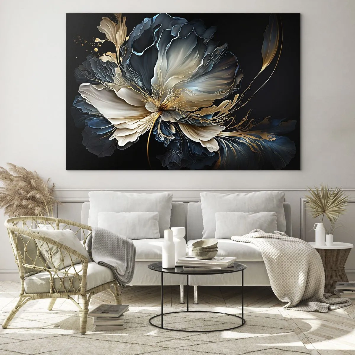 Obraz na skle - Luxusní květina v odstínech zlaté, tmavě modré a béžové na černém pozadí - 70x50cm - Pohádkový květ kapradí - Moderní nástěnná dekorace do obývacího pokoje a ložnice ARTTOR