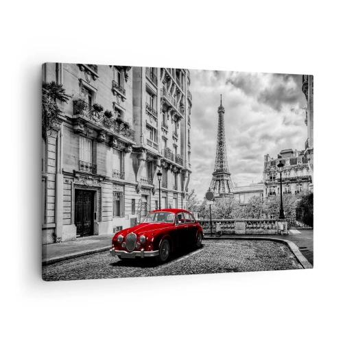Obraz na plátně - Červené auto s Eiffelovou věží v pozadí v černobílém prostředí - 70x50cm - Dravec ve městě - Moderní nástěnná dekorace do obývacího pokoje a ložnice ARTTOR