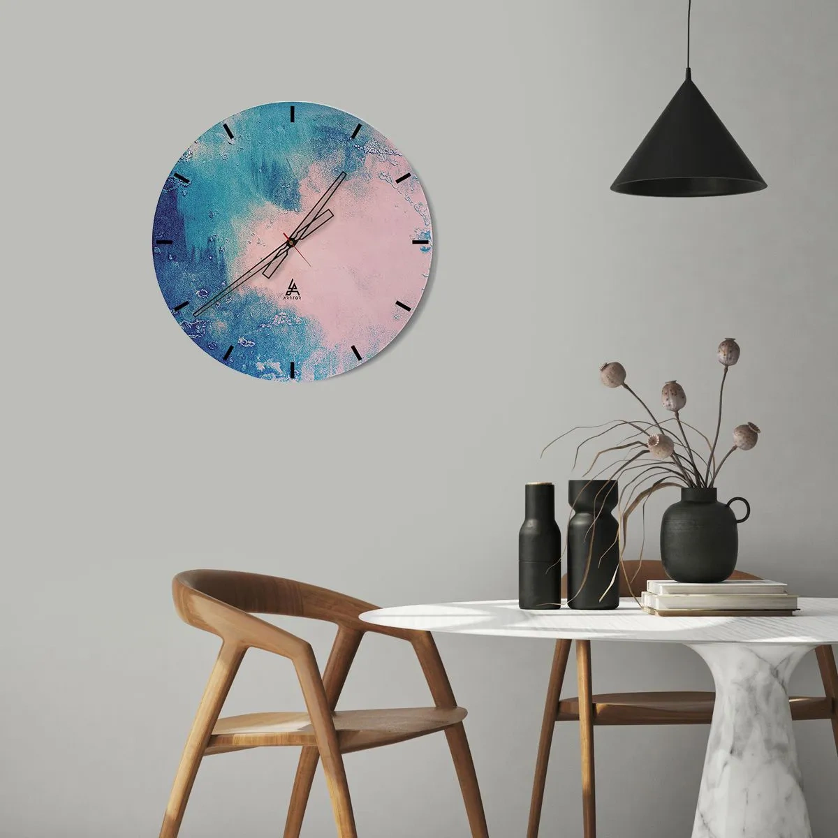 Nástěnné hodiny - Abstraktní kompozice v odstínech modré a růžové - 30x30cm - Modrá objetí - Moderní nástěnná dekorace do obývacího pokoje, kuchyně a ložnice ARTTOR
