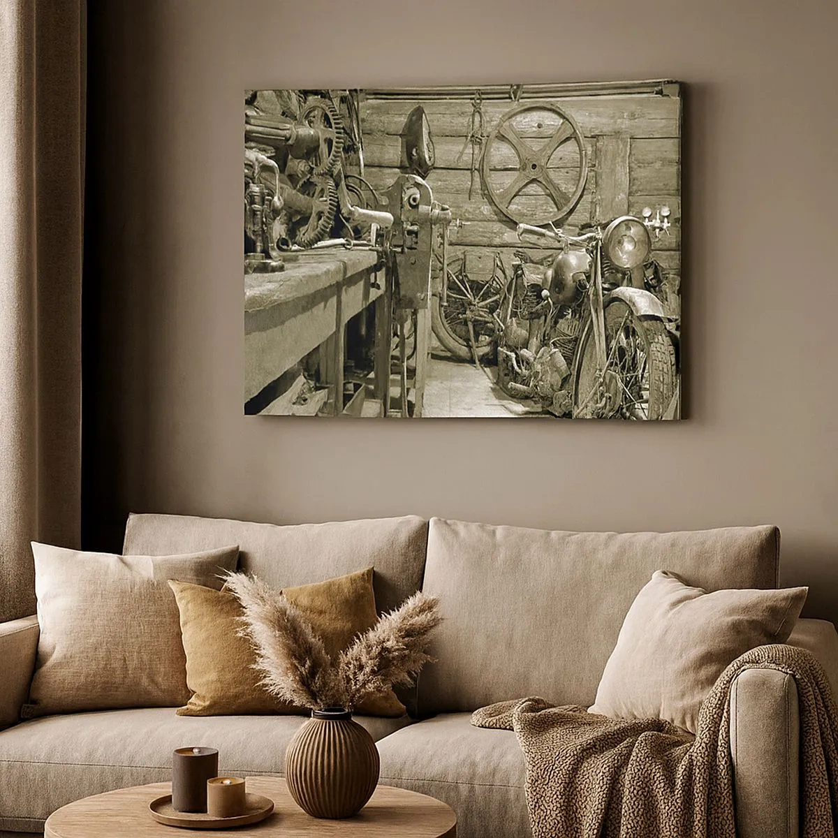 Obraz na plátně - Retro dílna s motocykly a nářadím - 70x50cm - V kůlně strýce Vládi - Moderní nástěnná dekorace do obývacího pokoje a ložnice ARTTOR