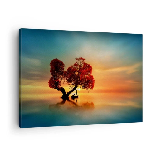Obraz na plátně - Červenolistý strom a loď na vodě při západu slunce - 70x50cm - Voda a ticho vesmíru - Moderní nástěnná dekorace do obývacího pokoje a ložnice ARTTOR