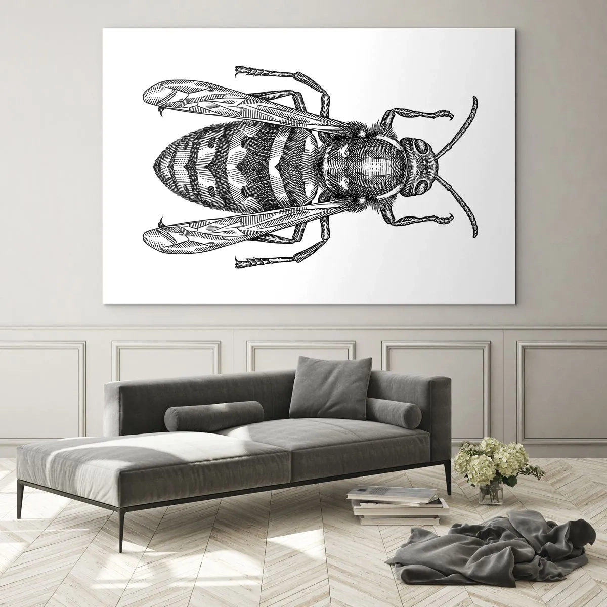Obraz na skle - Černobílá retro ilustrace vosy na bílém pozadí - 70x50cm - Z hmyzí planety - Moderní nástěnná dekorace do obývacího pokoje a ložnice ARTTOR