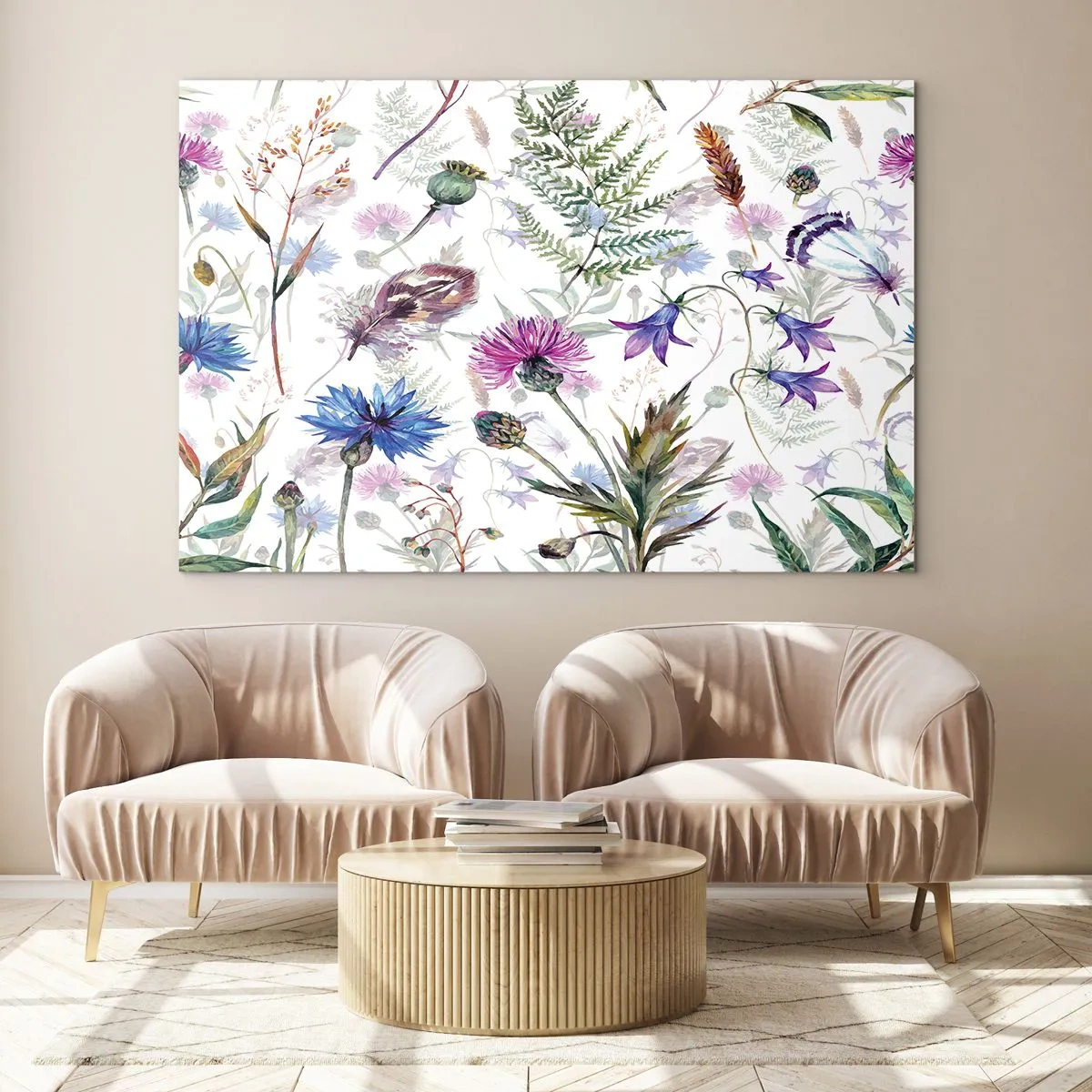 Obraz na skle - Kresby divokých květin a listů na světlém pozadí - 70x50cm - Polský herbář - Moderní nástěnná dekorace do obývacího pokoje a ložnice ARTTOR