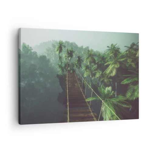 Obraz na plátně - Visutý most v tropickém lese obklopený mlhou. - 70x50cm - U vodopádu zeleně - Moderní nástěnná dekorace do obývacího pokoje a ložnice ARTTOR