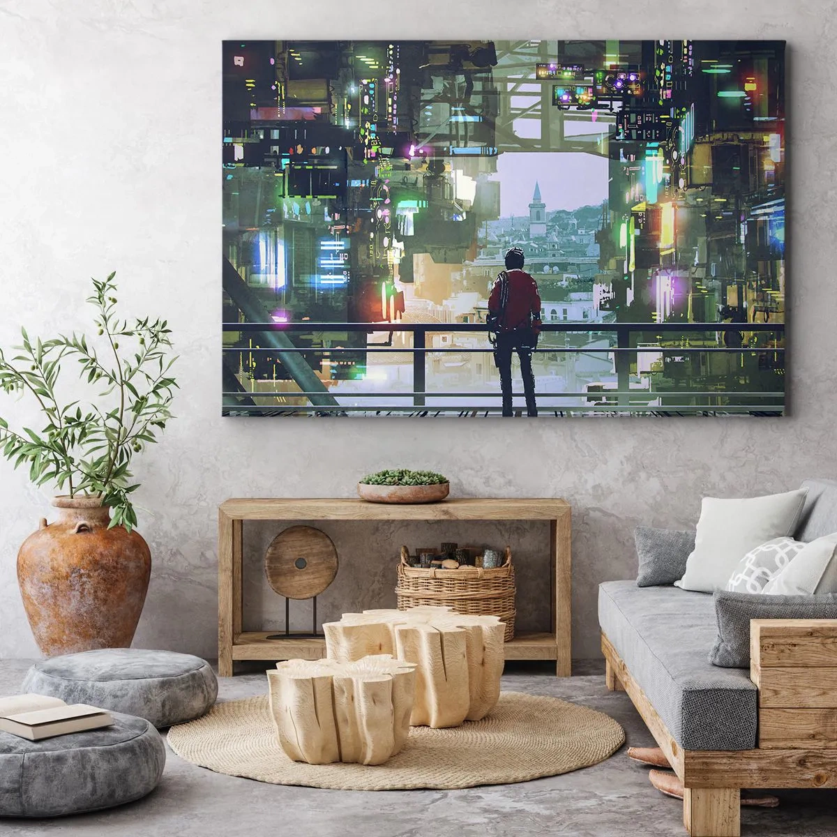 Obraz na plátně - Postava ve futuristickém městě s neonovými světly - 70x50cm - Dva světy - Moderní nástěnná dekorace do obývacího pokoje a ložnice ARTTOR
