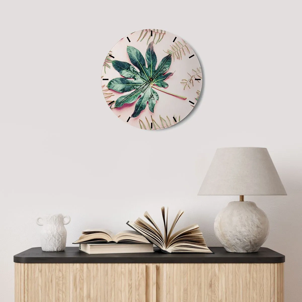 Nástěnné hodiny - Studie zelené na růžovém pozadí - 30x30 cm