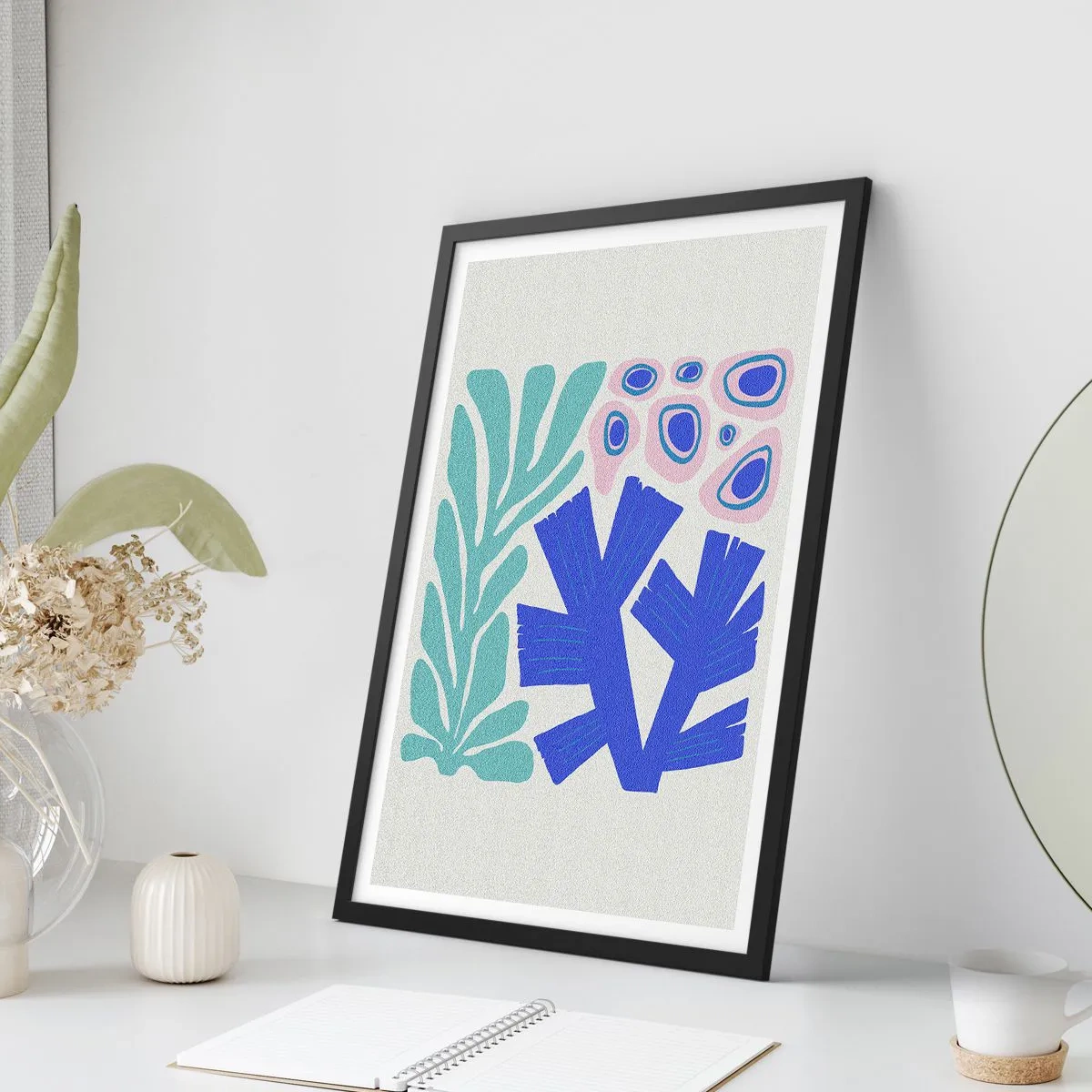 Plakát v černém rámu - Stylizovaná grafika podvodních rostlin a korálů - 50x70cm - Podvodní zahrada - Moderní nástěnná dekorace do obývacího pokoje a ložnice ARTTOR