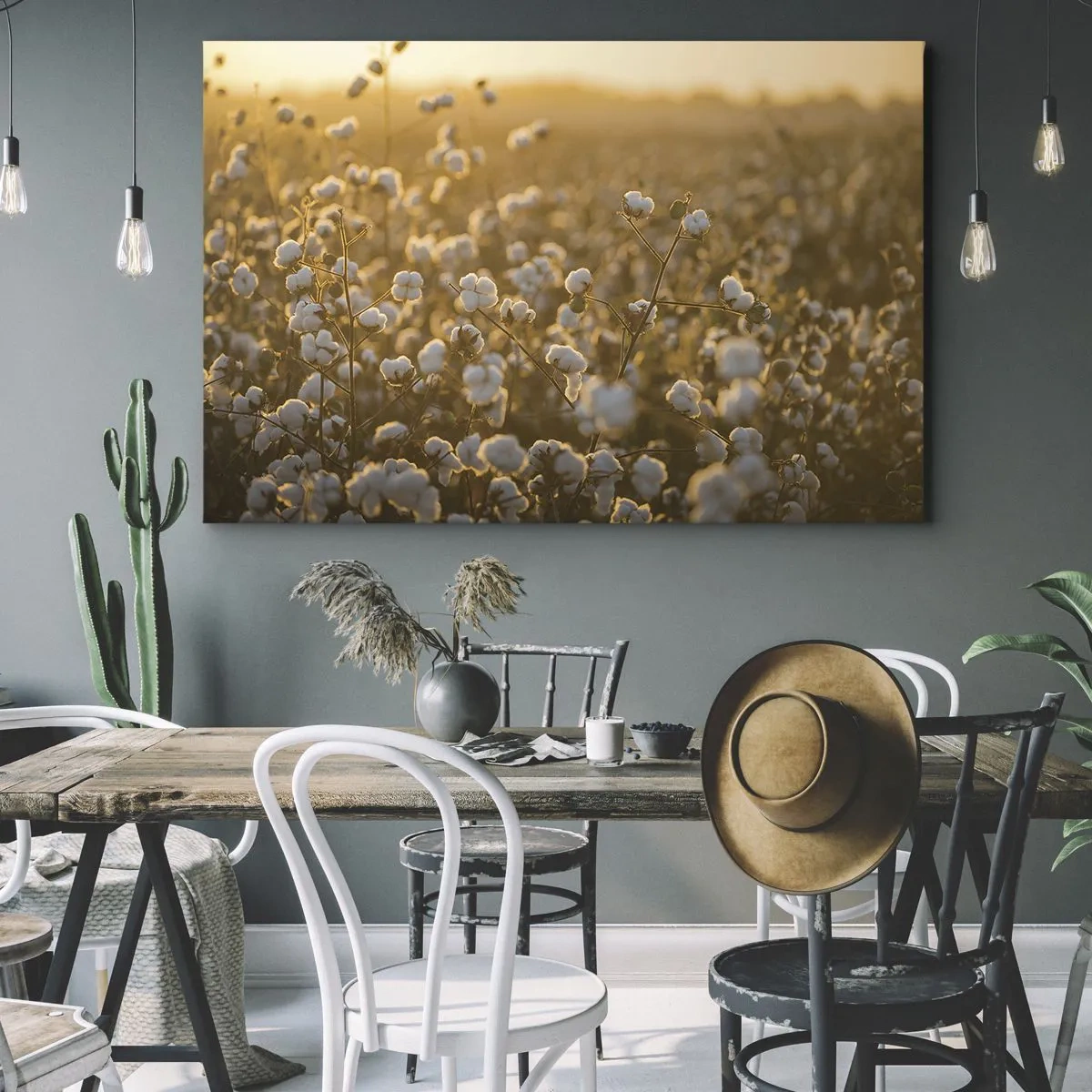 Obraz na plátně - Bavlníkové pole v teplém světle zapadajícího slunce - 70x50cm - Chlupaté pole - Moderní nástěnná dekorace do obývacího pokoje a ložnice ARTTOR