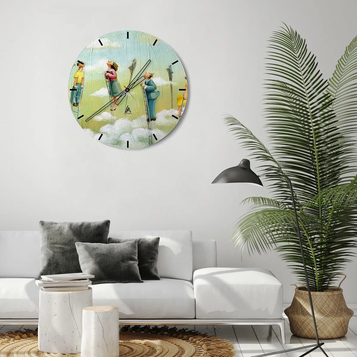 Nástěnné hodiny - Lidé šplhající po žebřících v oblacích na barevném pozadí - 30x30cm - Za svým snem - Moderní nástěnná dekorace do obývacího pokoje, kuchyně a ložnice ARTTOR