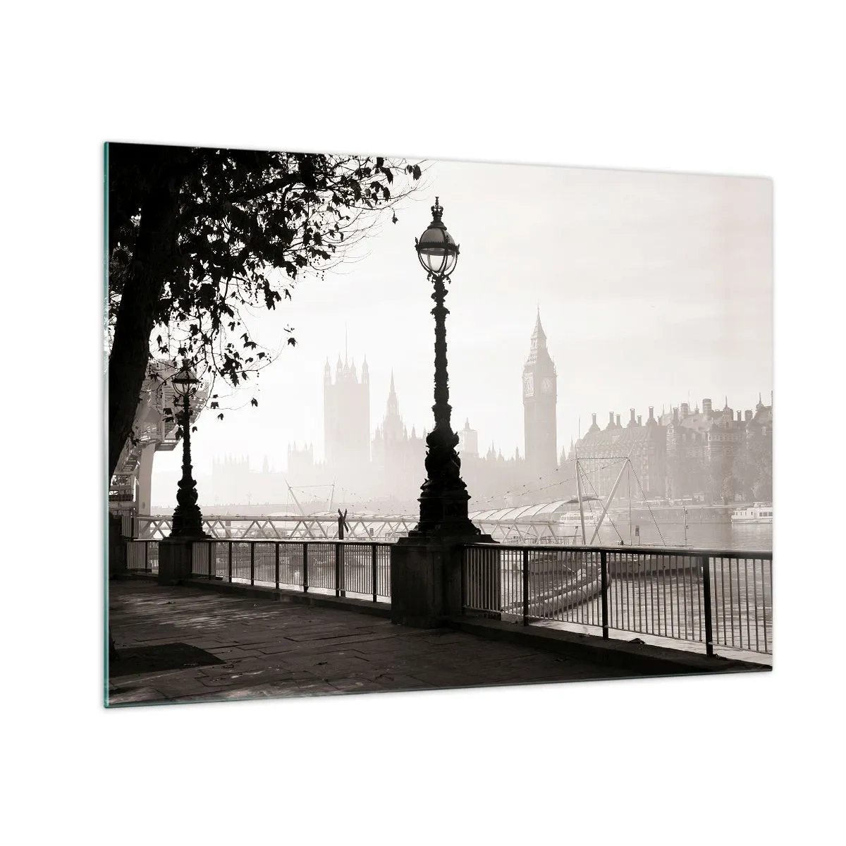 Obraz na skle - Černobílá fotografie londýnské promenády s Big Benem - 70x50cm - Londýnské ráno - Moderní nástěnná dekorace do obývacího pokoje a ložnice ARTTOR