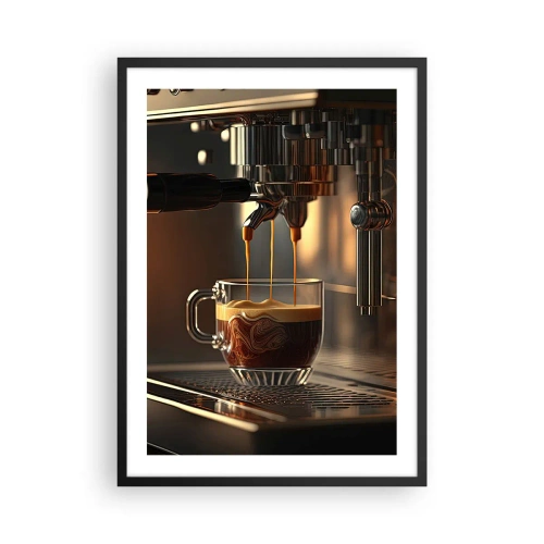 Plakát v černém rámu - Kávovar nalévá espresso do šálku - 50x70cm - Smyslná směs - Moderní nástěnná dekorace do obývacího pokoje a ložnice ARTTOR