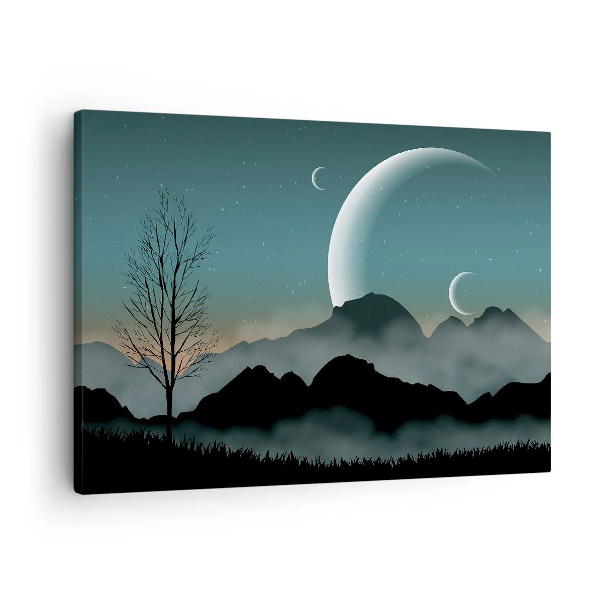 Obraz na plátně - Mlžné hory s měsícem a osamělým stromem - 70x50cm - Karneval hvězdné noci - Moderní nástěnná dekorace do obývacího pokoje a ložnice ARTTOR