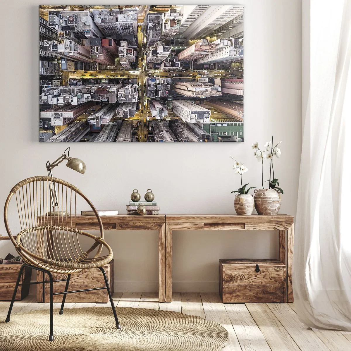 Obraz na plátně - Pohled z ptačí perspektivy na město plné mrakodrapů - 70x50cm - Pozdrav z Hongkongu - Moderní nástěnná dekorace do obývacího pokoje a ložnice ARTTOR