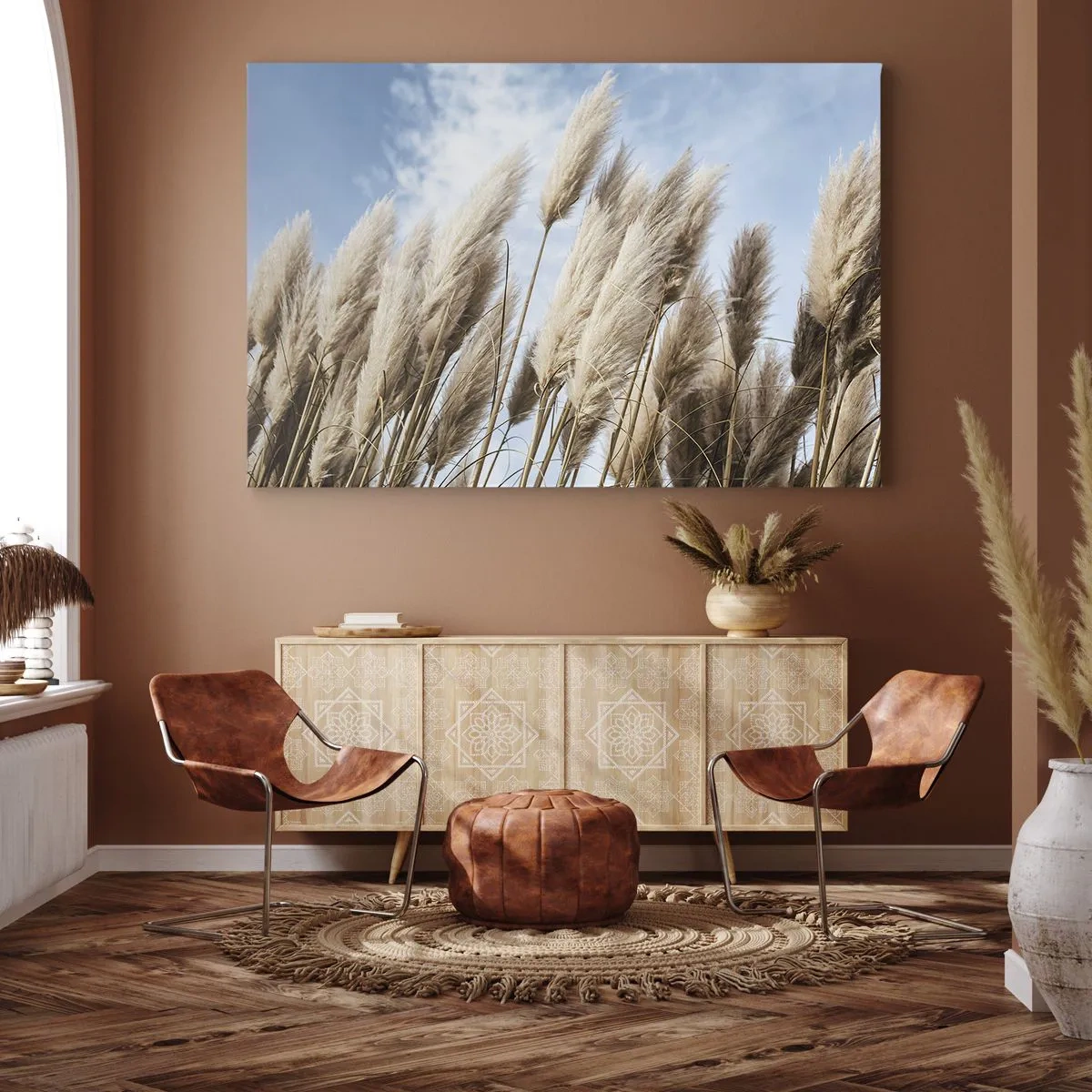 Obraz na plátně - Jemné pampové trávy proti modré obloze s lehkými mraky - 70x50cm - Slunečné a větrné pohlazení - Moderní nástěnná dekorace do obývacího pokoje a ložnice ARTTOR