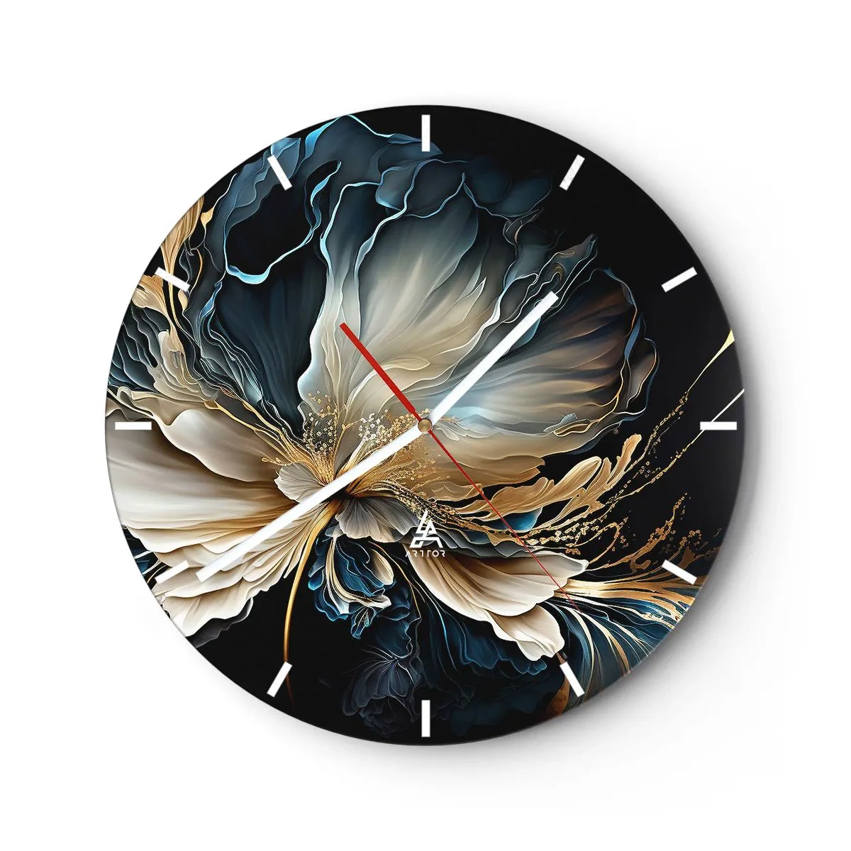 Nástěnné hodiny - Elegantní květina s plynulými tvary ve zlaté a tmavě modré barvě. - 30x30cm - Pohádkový květ kapradí - Moderní nástěnná dekorace do obývacího pokoje, kuchyně a ložnice ARTTOR