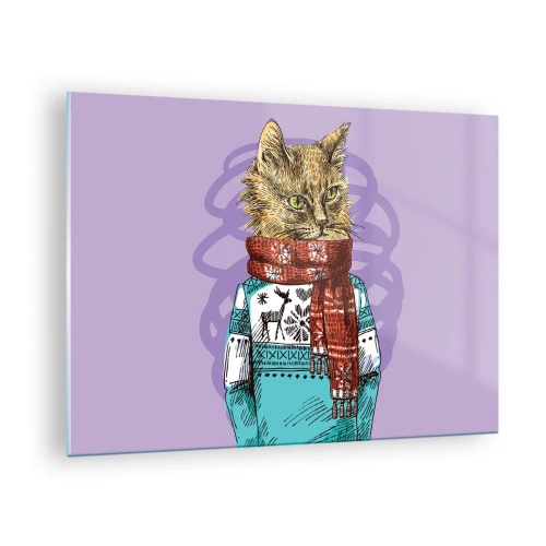 Obraz na skle - Kočka ve svetru a šálu na fialovém pozadí - 70x50cm - Kočka nejenom v botách - Moderní nástěnná dekorace do obývacího pokoje a ložnice ARTTOR