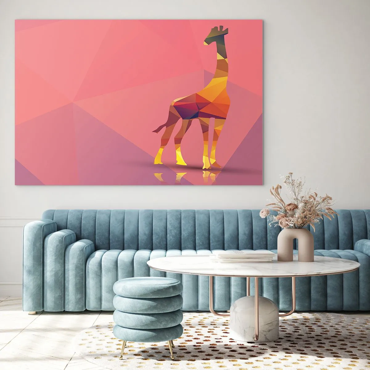 Obraz na skle - Geometrická žirafa na pastelovém pozadí - 70x50cm - V barvách savany - Moderní nástěnná dekorace do obývacího pokoje a ložnice ARTTOR