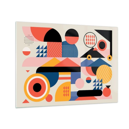 Obraz na skle - Barevná geometrická abstrakce s kruhy a trojúhelníky - 70x50cm - Kompozice: pojďme si hrát - Moderní nástěnná dekorace do obývacího pokoje a ložnice ARTTOR