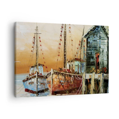 Obraz na plátně - Lodě na břehu v teplém světle západu slunce - 70x50cm - Klidný návrat - Moderní nástěnná dekorace do obývacího pokoje a ložnice ARTTOR