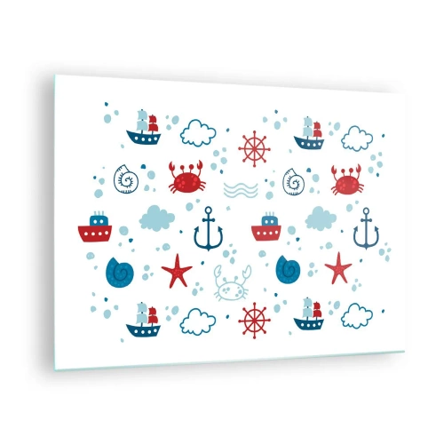 Obraz na skle - Námořní vzory s kraby, kotvami a loděmi - 70x50cm - Mořská pohádka - Moderní nástěnná dekorace do obývacího pokoje a ložnice ARTTOR