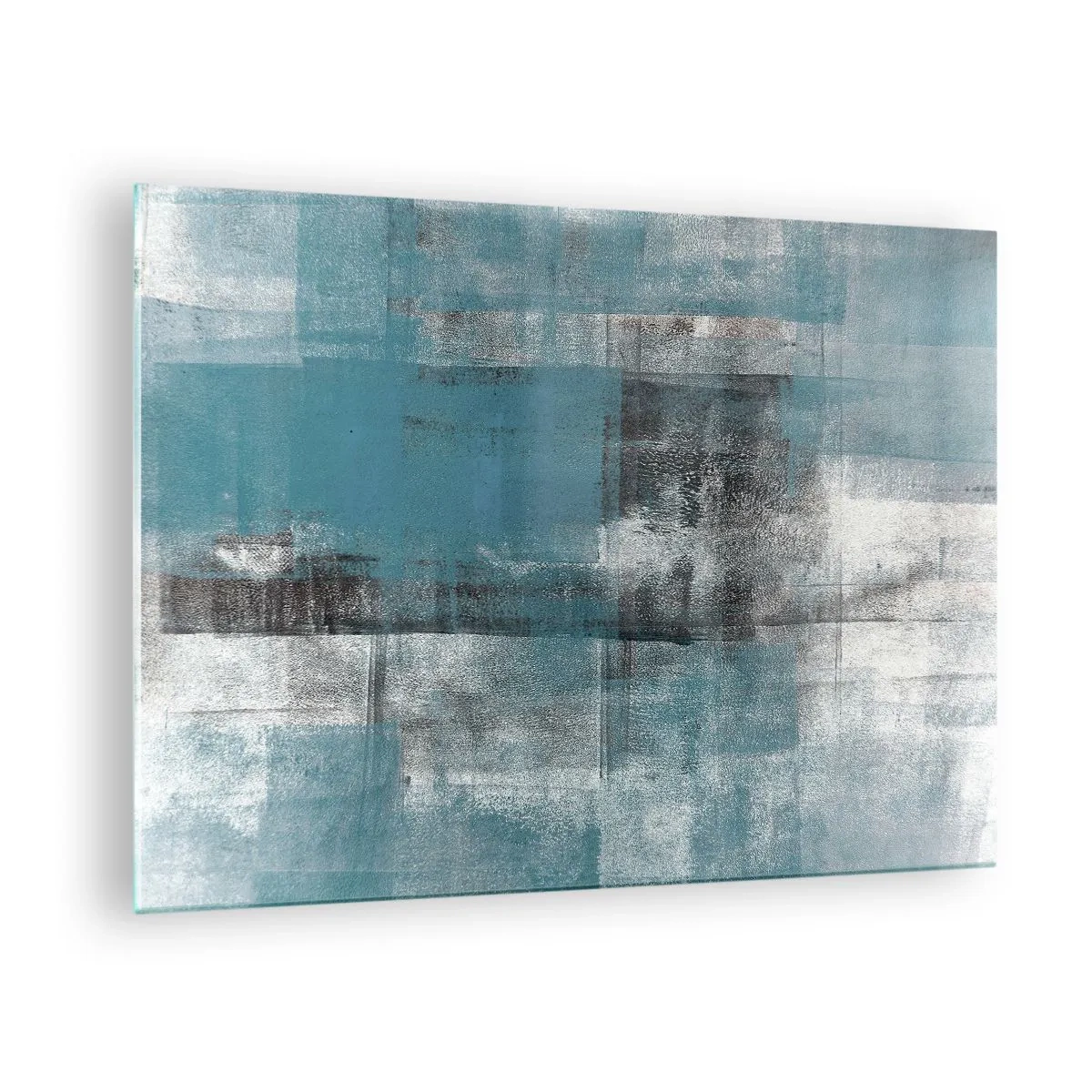 Obraz na skle - Abstrakce v odstínech modré a šedé s geometrickými tvary - 70x50cm - Voda a vzduch - Moderní nástěnná dekorace do obývacího pokoje a ložnice ARTTOR