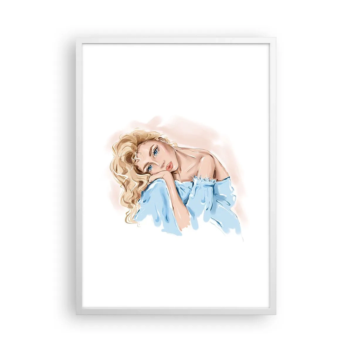 Plakát v bílém rámu - Zasněná v modré - 50x70 cm