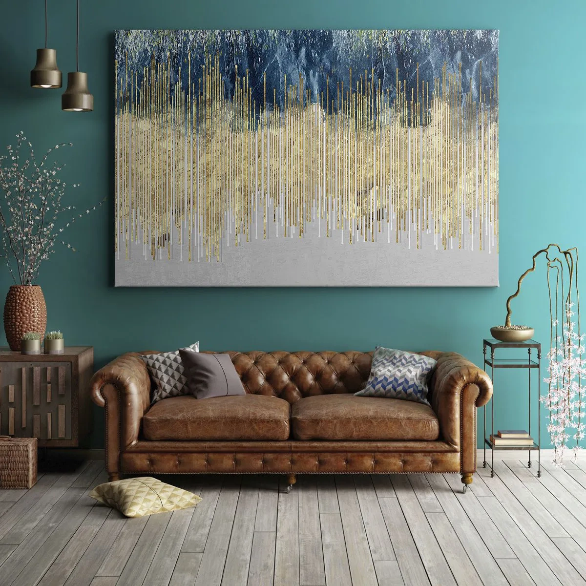 Obraz na plátně - Zlaté linky na pozadí tmavě modré a šedé abstrakce - 70x50cm - Zlacená hranice - Moderní nástěnná dekorace do obývacího pokoje a ložnice ARTTOR