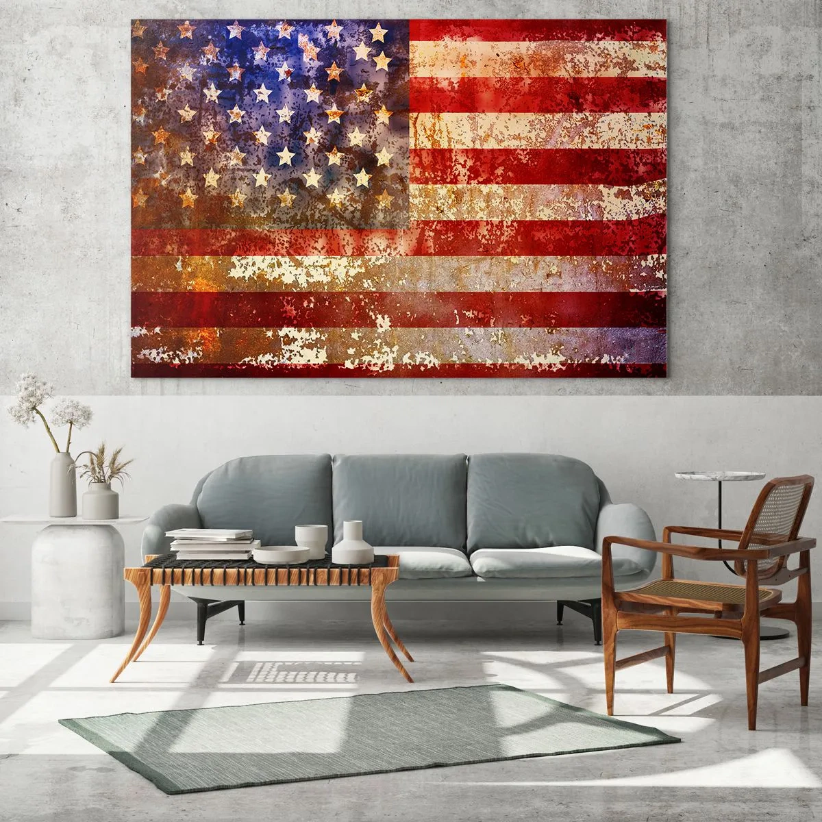 Obraz na skle - Rezavá americká vlajka - 70x50cm - Chvála nepomíjí - Moderní nástěnná dekorace do obývacího pokoje a ložnice ARTTOR