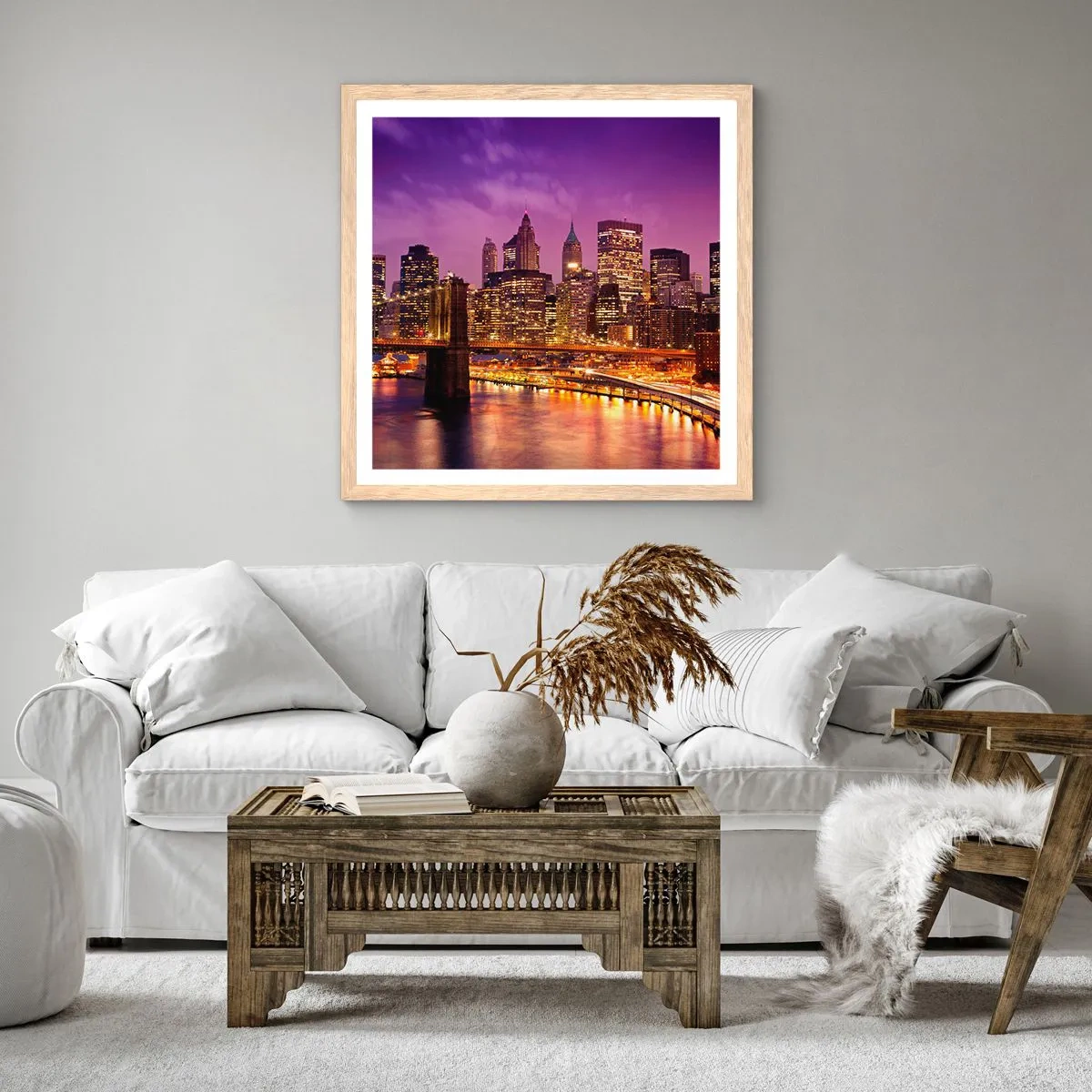 Plakát v rámu světlý dub - Fialovo-zlatý Manhattan - 30x30 cm