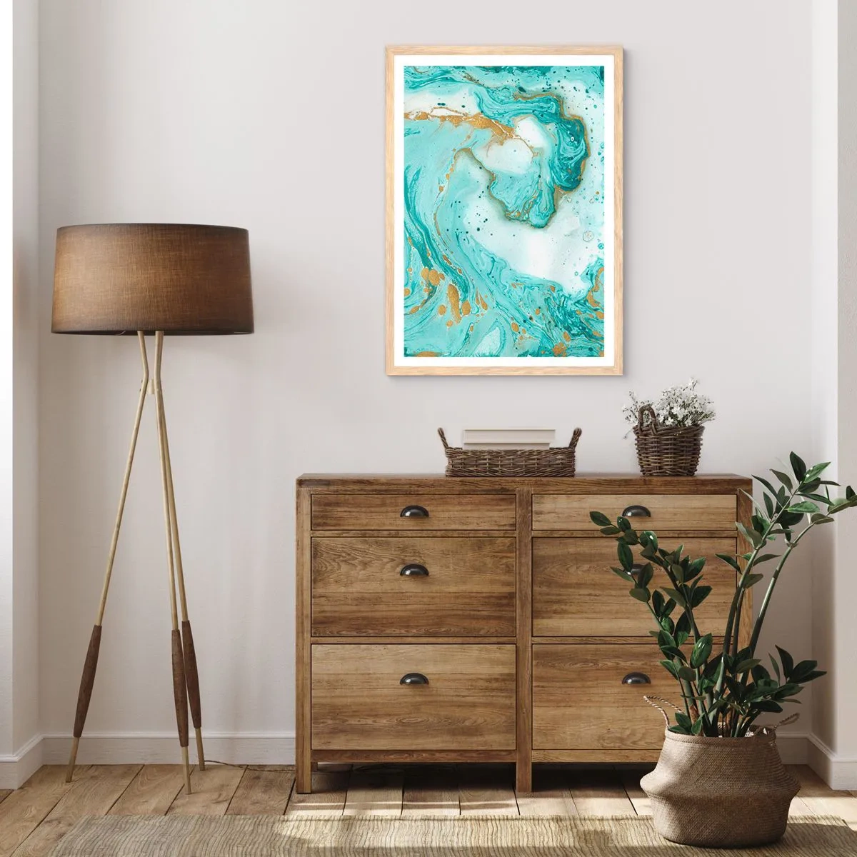 Plakát v rámu světlý dub - Pod velkou vlnou z epochy Edo - 70x100 cm