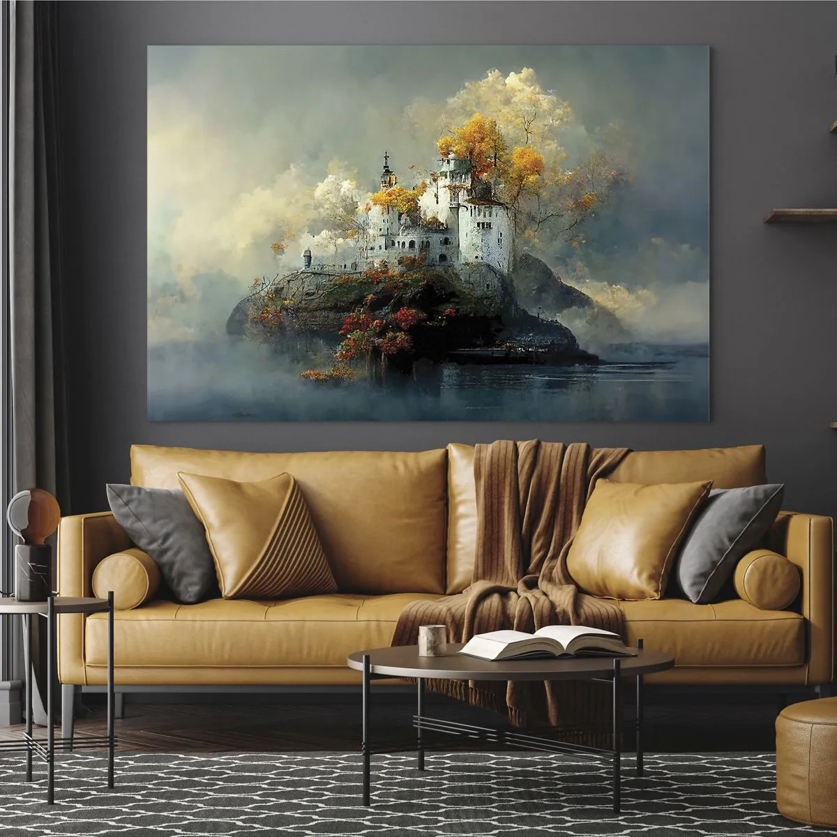 Obraz na skle - Hrad na skále obklopený mlhou a podzimními stromy - 70x50cm - Začátek romantického příběhu - Moderní nástěnná dekorace do obývacího pokoje a ložnice ARTTOR