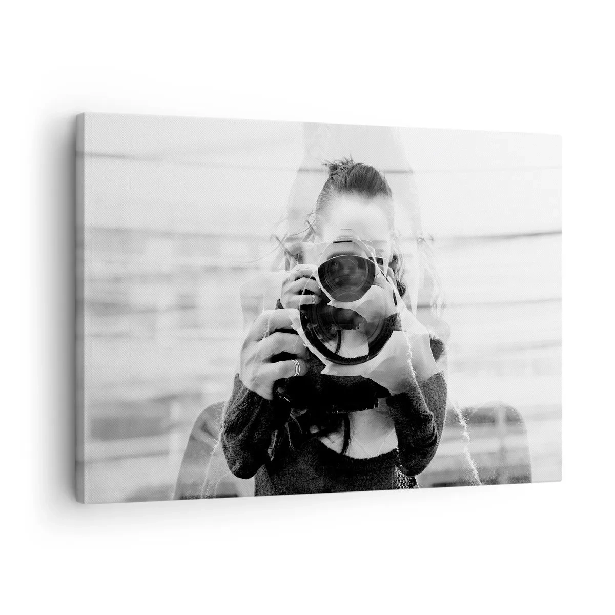 Obraz na plátně - Černobílý portrét fotografa s dvojitou expozicí - 70x50cm - Tvůrce a materiál - Moderní nástěnná dekorace do obývacího pokoje a ložnice ARTTOR