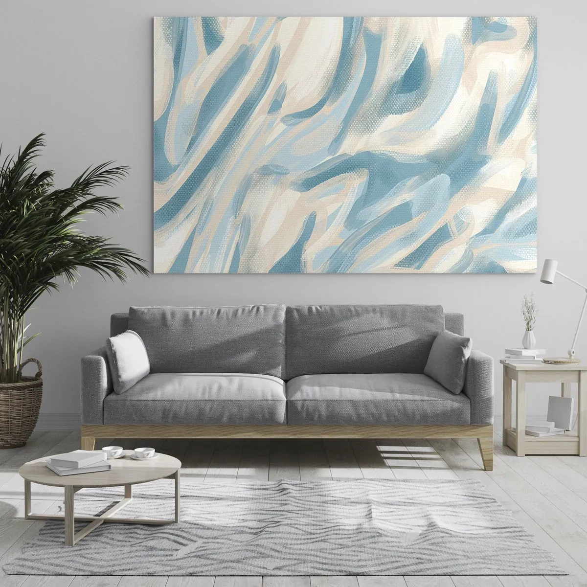 Obraz na skle - Abstraktní tahy štětcem v modrých a krémových barvách. - 70x50cm - Jarní závany - Moderní nástěnná dekorace do obývacího pokoje a ložnice ARTTOR
