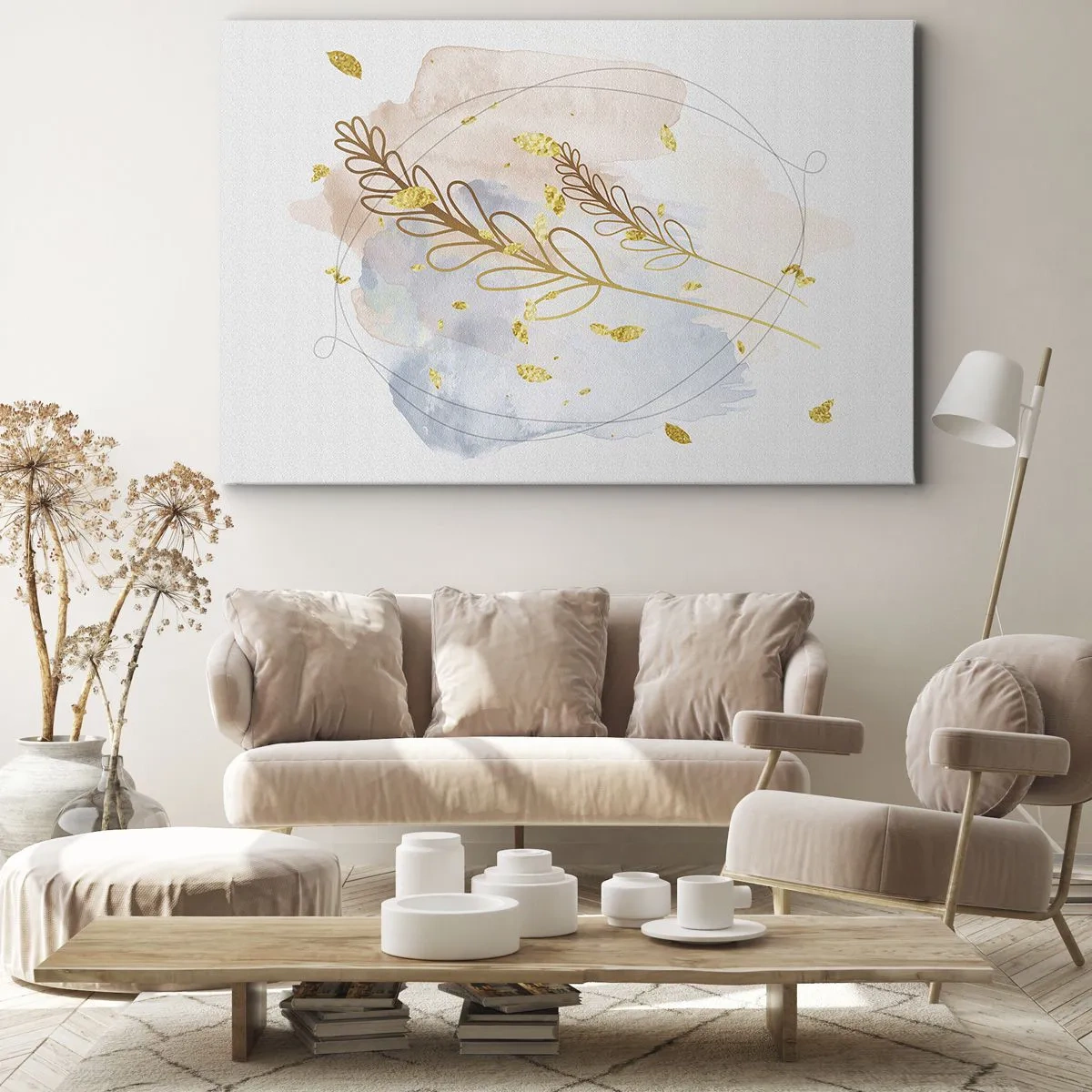 Obraz na plátně - Jemný motiv zlatých listů na pastelovém pozadí s detaily v akvarelu. - 70x50cm - Zlatý závan - Moderní nástěnná dekorace do obývacího pokoje a ložnice ARTTOR