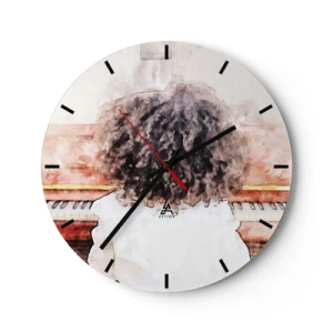 Nástěnné hodiny - Dítě hrající na klavír, pohled zezadu v uměleckém stylu. - 30x30cm - V novém světě - Moderní nástěnná dekorace do obývacího pokoje, kuchyně a ložnice ARTTOR