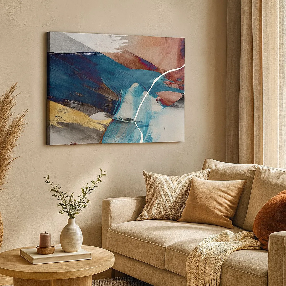 Obraz na plátně - Abstraktní tahy štětcem v odstínech modré a zlaté - 70x50cm - Na plno a s energií - Moderní nástěnná dekorace do obývacího pokoje a ložnice ARTTOR