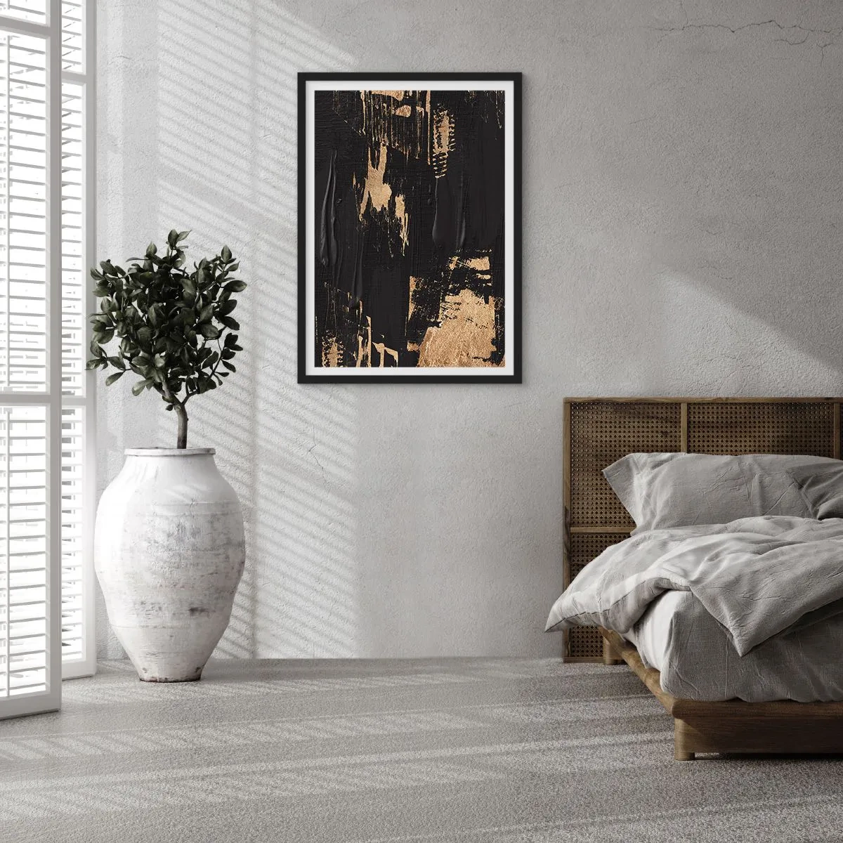 Plakát v černém rámu - Abstraktní malířská kompozice v černé a zlaté barvě - 50x70cm - Stopa doteku - Moderní nástěnná dekorace do obývacího pokoje a ložnice ARTTOR