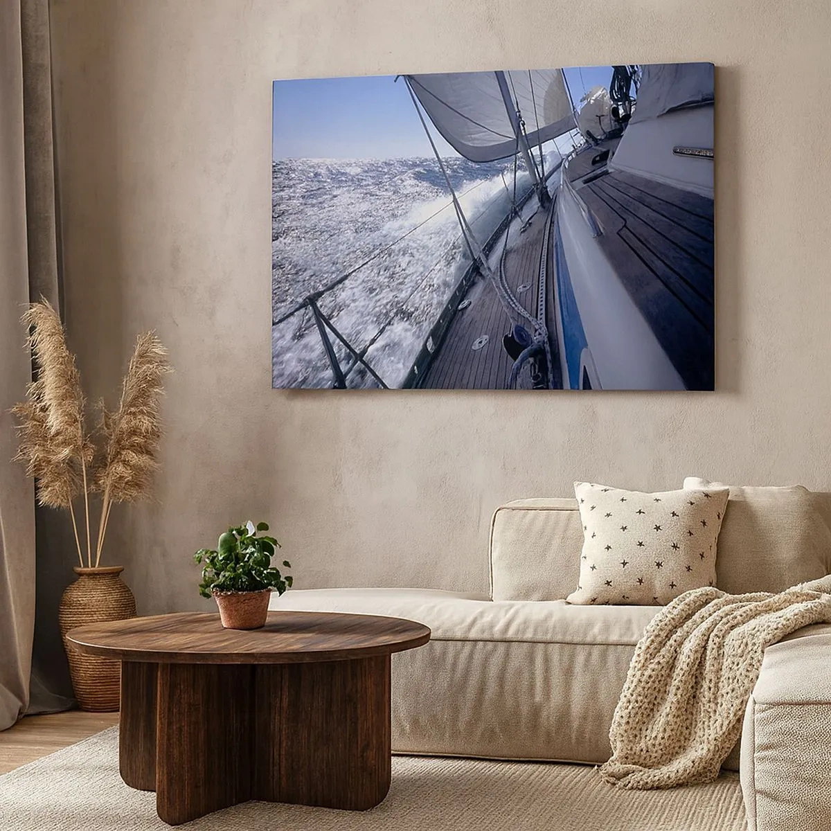 Obraz na plátně - Plachetnice v rozbouřeném moři s bílými plachtami a dřevěnou palubou. - 70x50cm - Vím, co znamená být ptákem - Moderní nástěnná dekorace do obývacího pokoje a ložnice ARTTOR