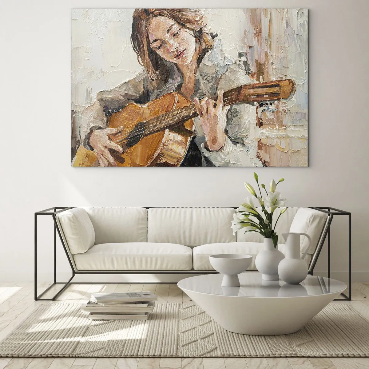 Obraz na skle - Dívka hrající na kytaru v impresionistickém stylu - 70x50cm - Koncert pro kytaru a dívčí srdce - Moderní nástěnná dekorace do obývacího pokoje a ložnice ARTTOR