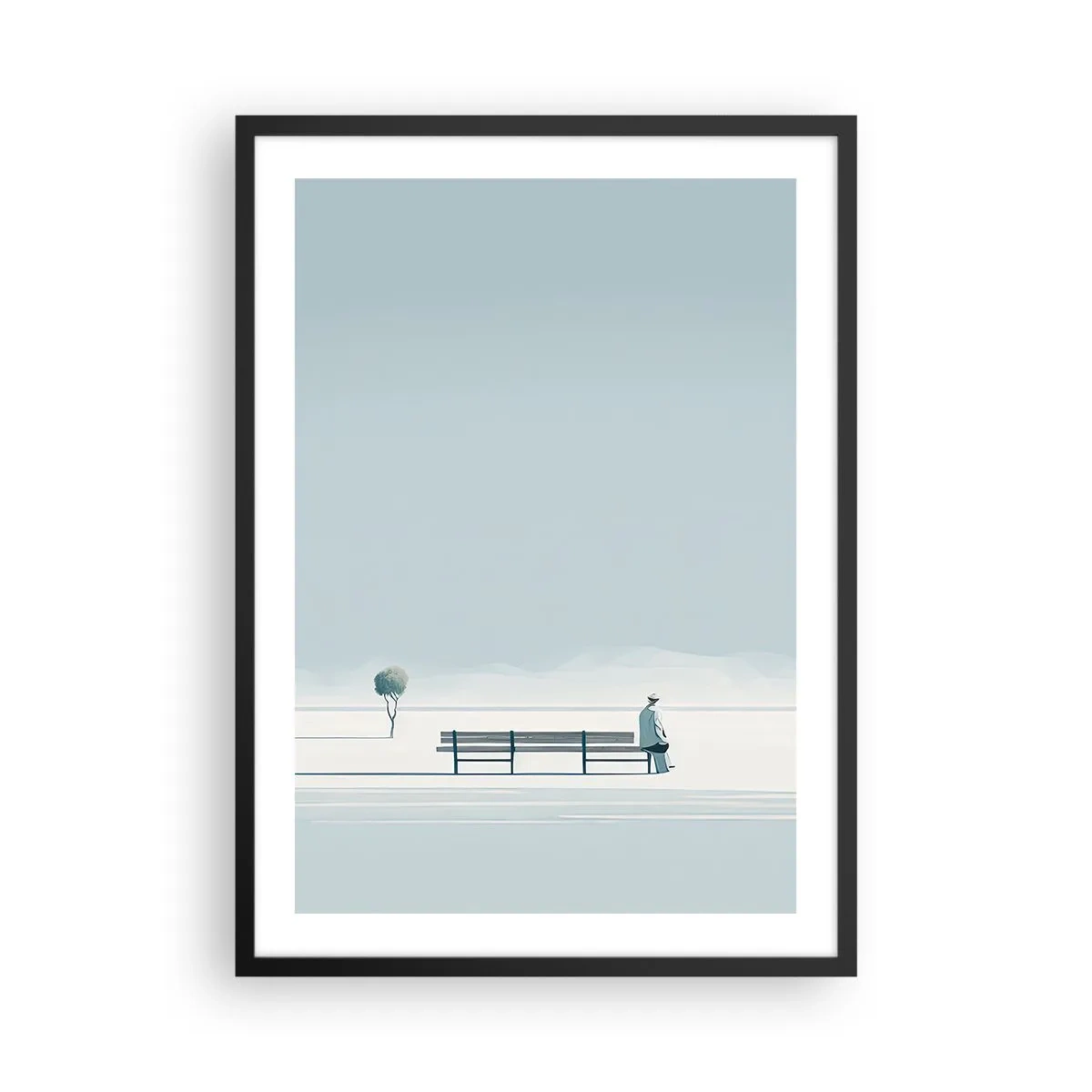 Plakát v černém rámu - Osoba sedící na lavičce v minimalistické, klidné krajině. - 50x70cm - Ano, čekám. - Moderní nástěnná dekorace do obývacího pokoje a ložnice ARTTOR