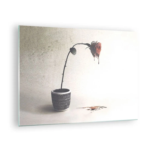 Obraz na skle - Symbolická růže v květináči s kapající barvou - 70x50cm - Rosa dolorosa - Moderní nástěnná dekorace do obývacího pokoje a ložnice ARTTOR
